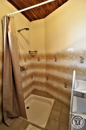 A corner bathroom with a shower, a bathtub, and a toilet.