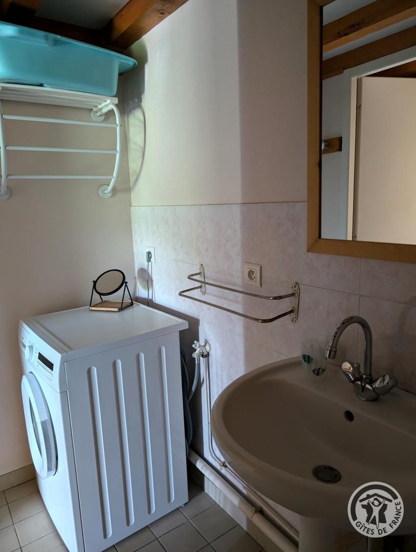 A bathroom with a washing machine, a sink, and a towel rack.