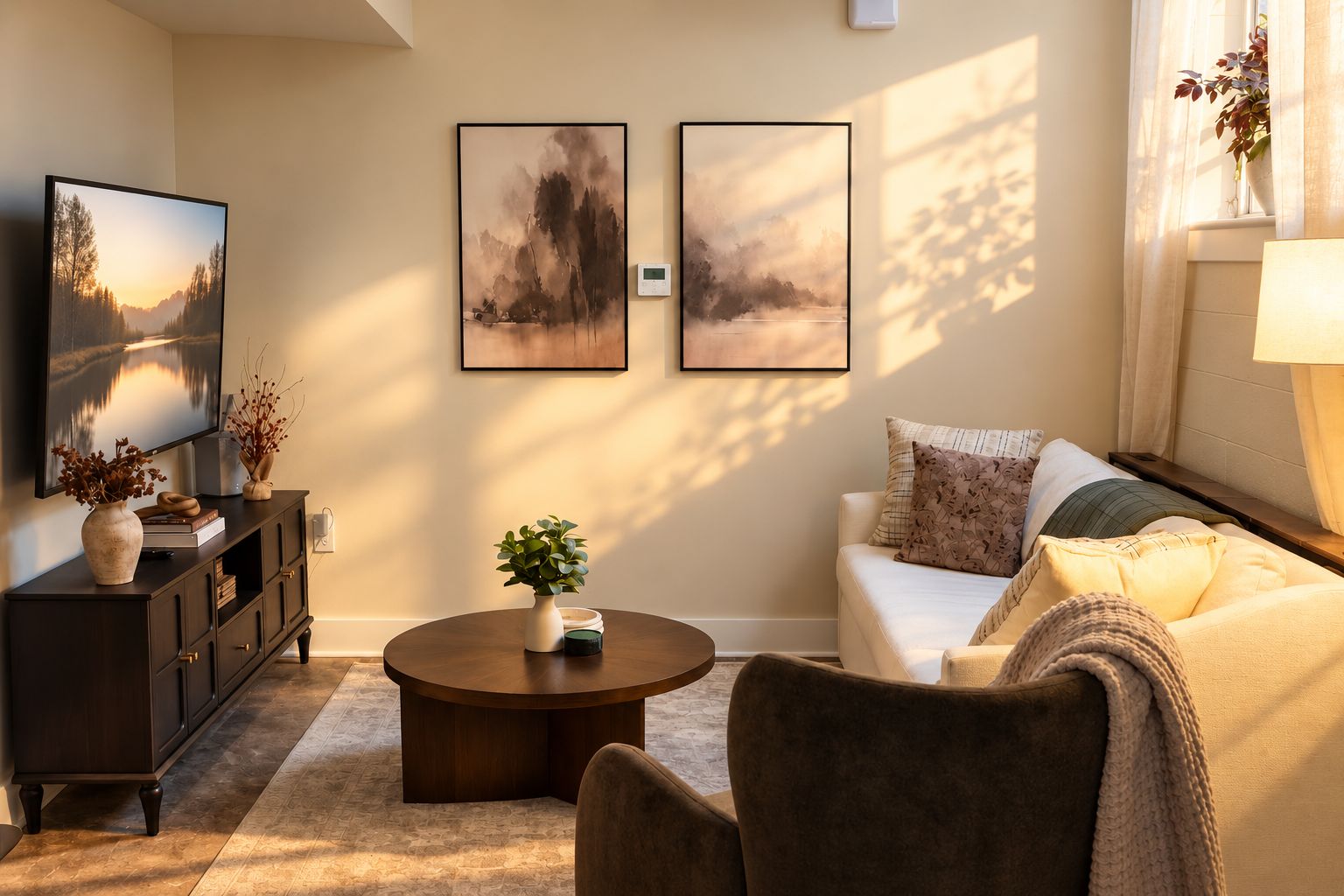 Spacious living area with comfortable seating, high ceilings, and 65-inch smart TV