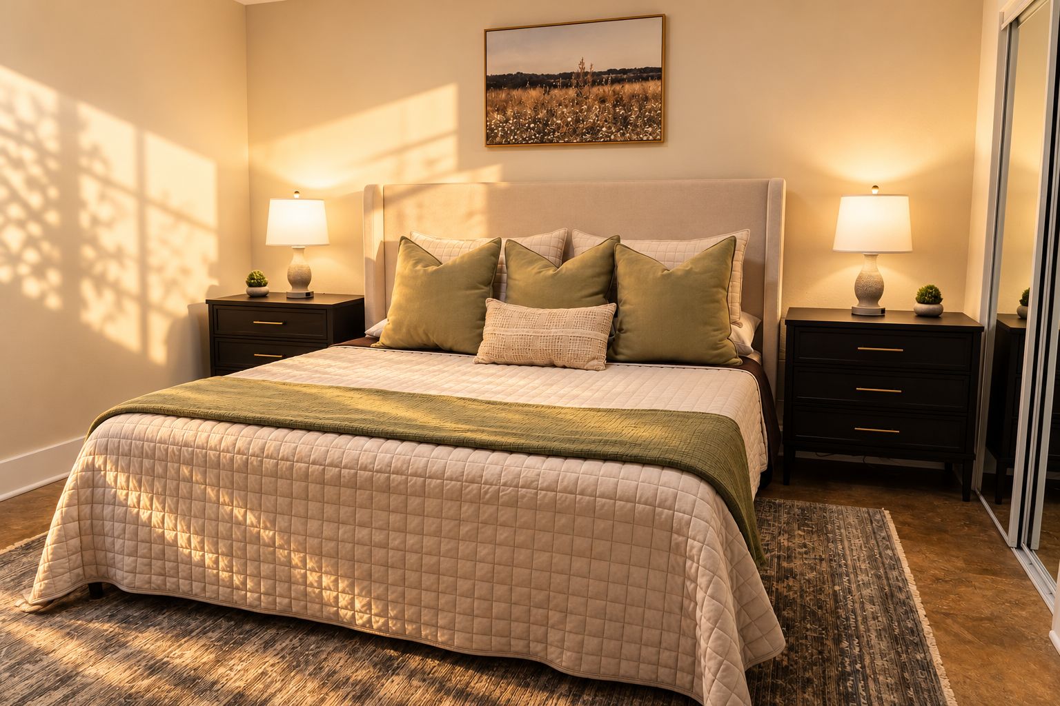 A bedroom with a bed, two nightstands, a lamp, a picture on the wall, and a window.