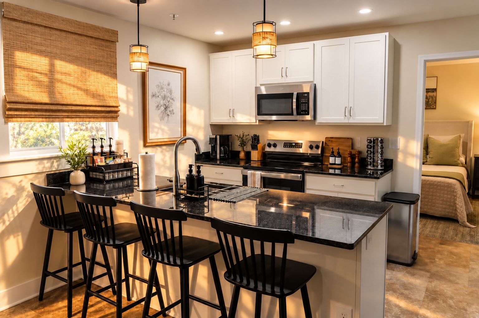 A modern kitchen with a central island, bar stools, a microwave, stove, and a sink.