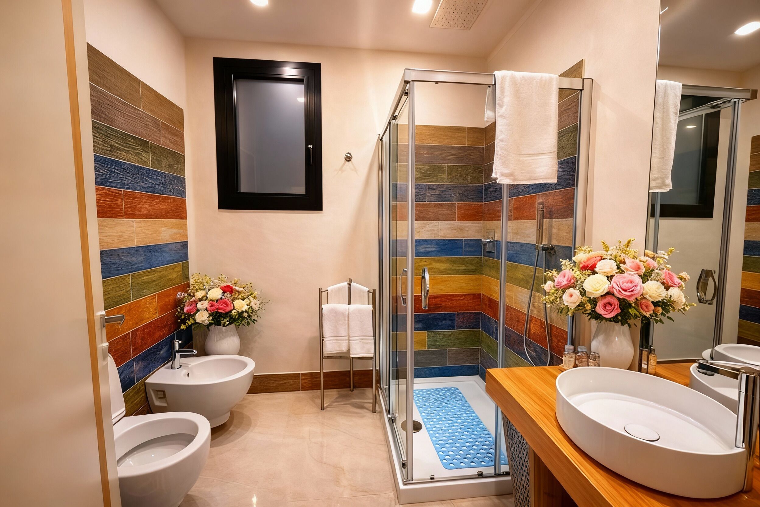 A modern bathroom with a glass shower enclosure, two bidets, a wooden vanity with a sink, and a mirror.