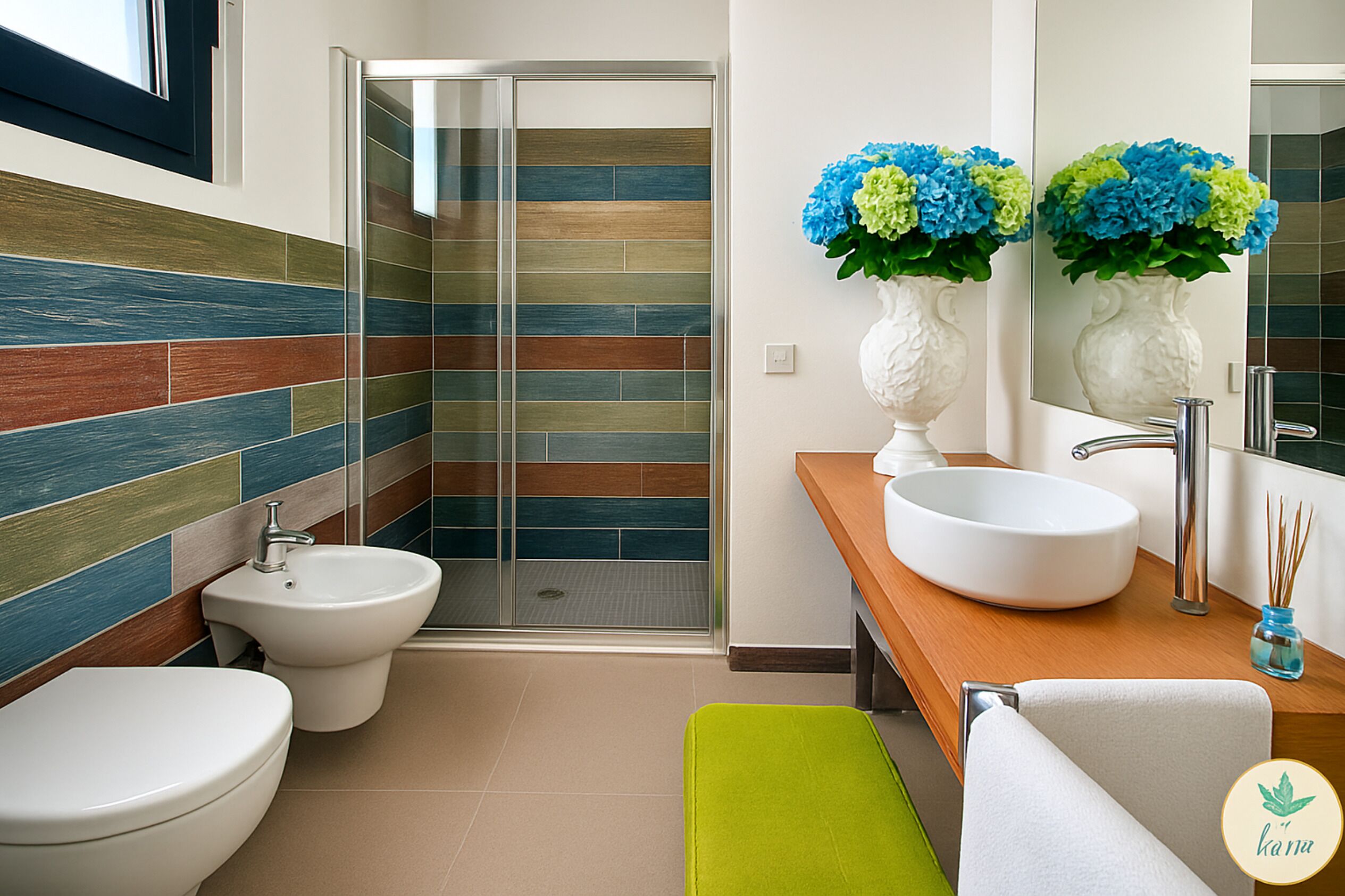 Une salle de bain moderne équipée d’une douche, d’un bidet et d’un lavabo.