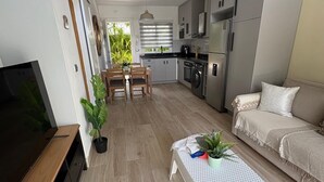 Een modern appartement met een zithoek, eethoek, kitchenette en een bank.