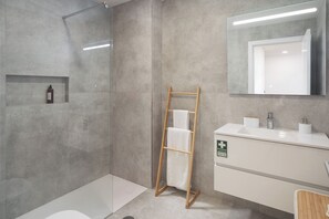 Chuveiro, secador de cabelo, toalhas de banho 