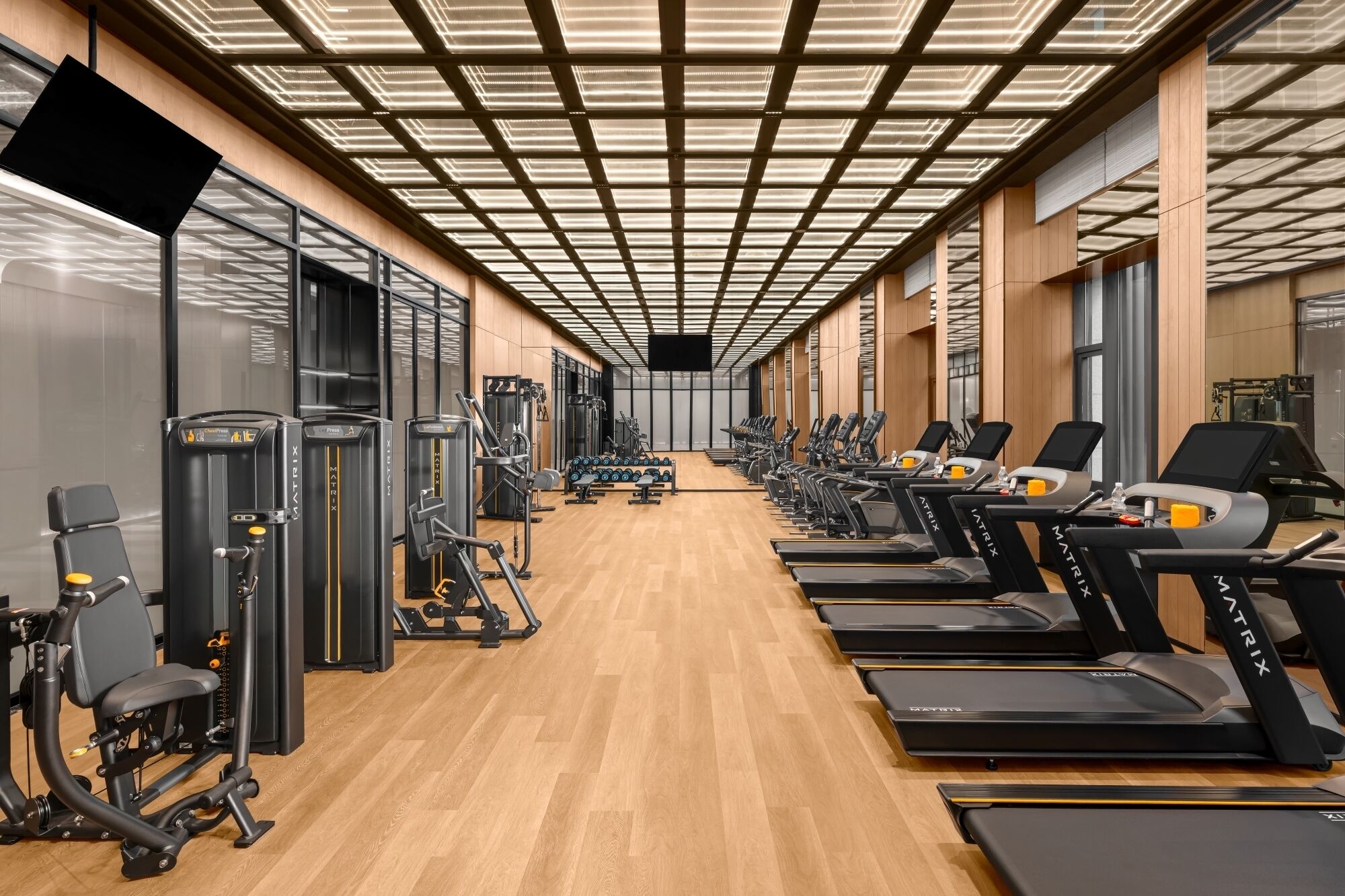 A gym with treadmills, weight machines, and a wooden floor.