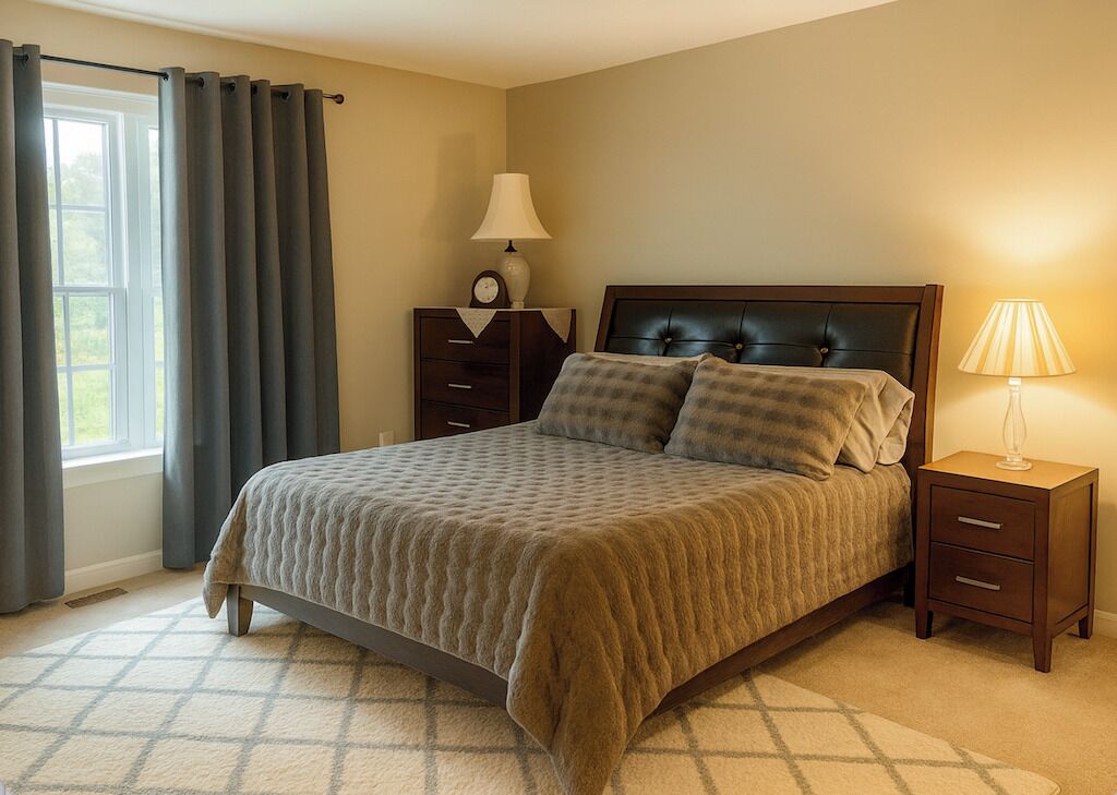 A bedroom with a bed, two nightstands, a window with curtains, and a lamp on each nightstand.
