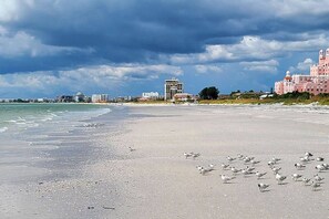 A beach with a large building and a pink hotel in the background.
