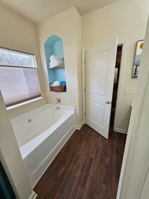 Hair dryer, towels, soap, toilet paper