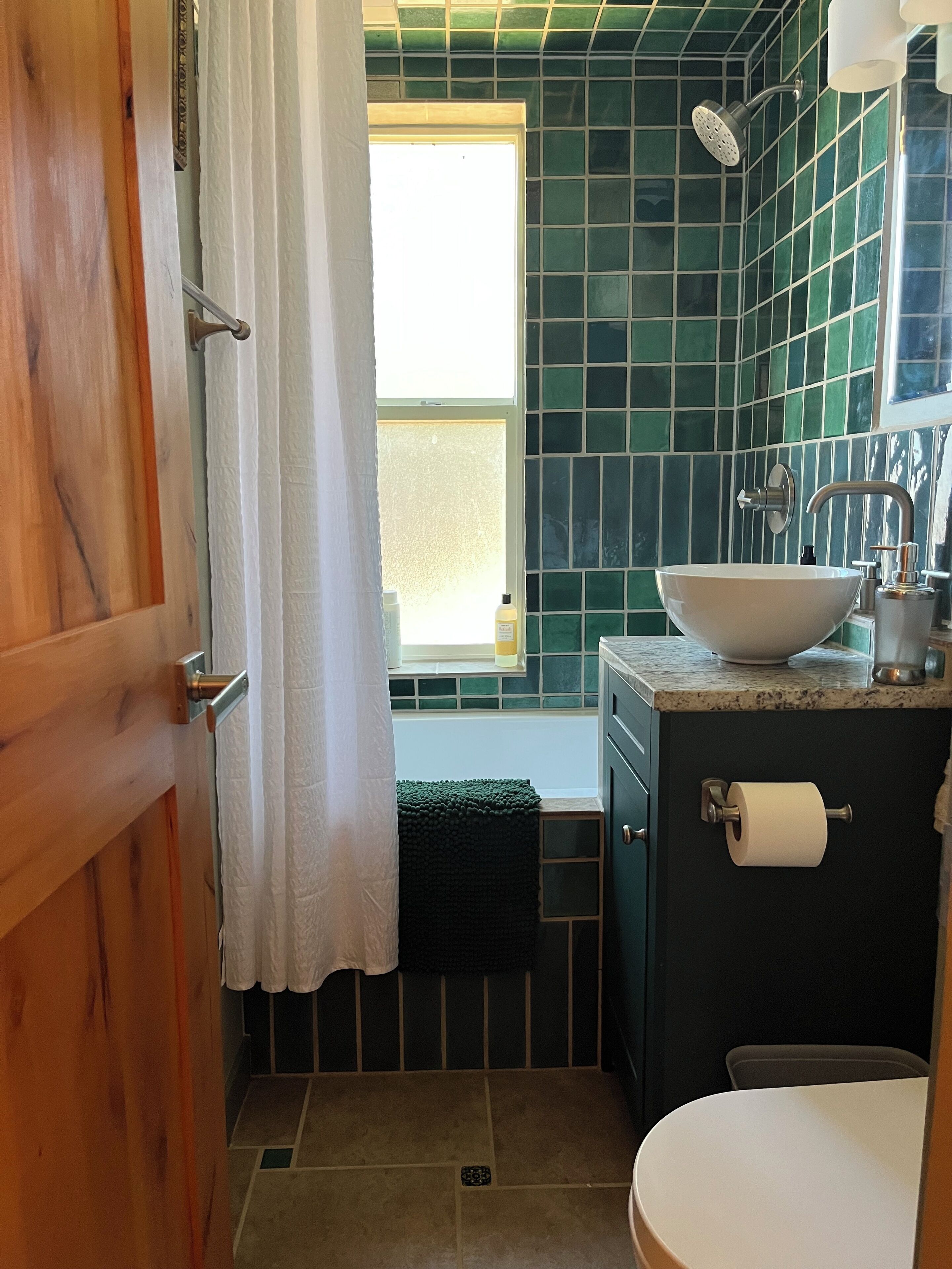 Hair dryer, towels, soap, toilet paper
