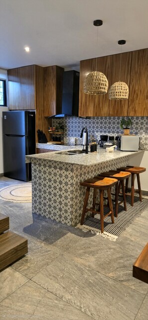 Fridge, microwave, stovetop, coffee/tea maker - The Telchac Townhouse & Beach Paradise Nest - Pools, Roof Top/Private Beach Club (Telchac Puerto)