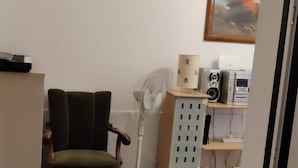 A small, sparsely furnished room with a single green armchair, a black sofa, a standing fan, and a shelf with printers and a framed picture. - Mags Charming 35m² Apartment in Vienna's Heart (Vienna)