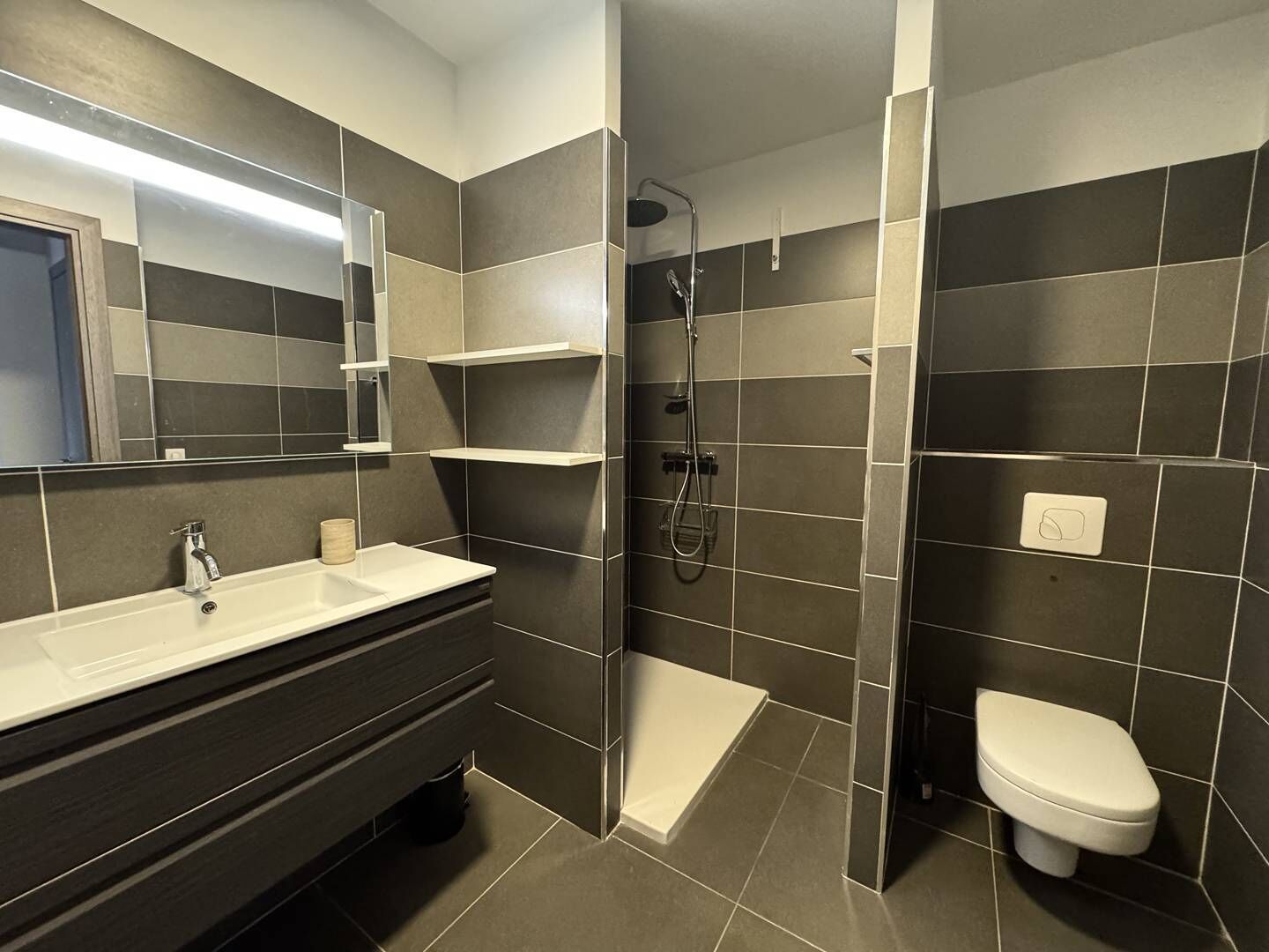 Une salle de bain moderne équipée d’un lavabo, d’un miroir, d’une douche et de toilettes.