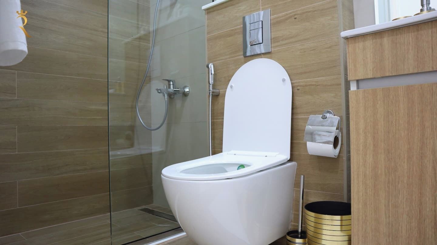 A modern bathroom with a glass-enclosed shower, a white toilet, and a wooden vanity.