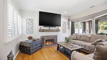 Smart-TV, Kamin, Bücher, Computerbildschirme