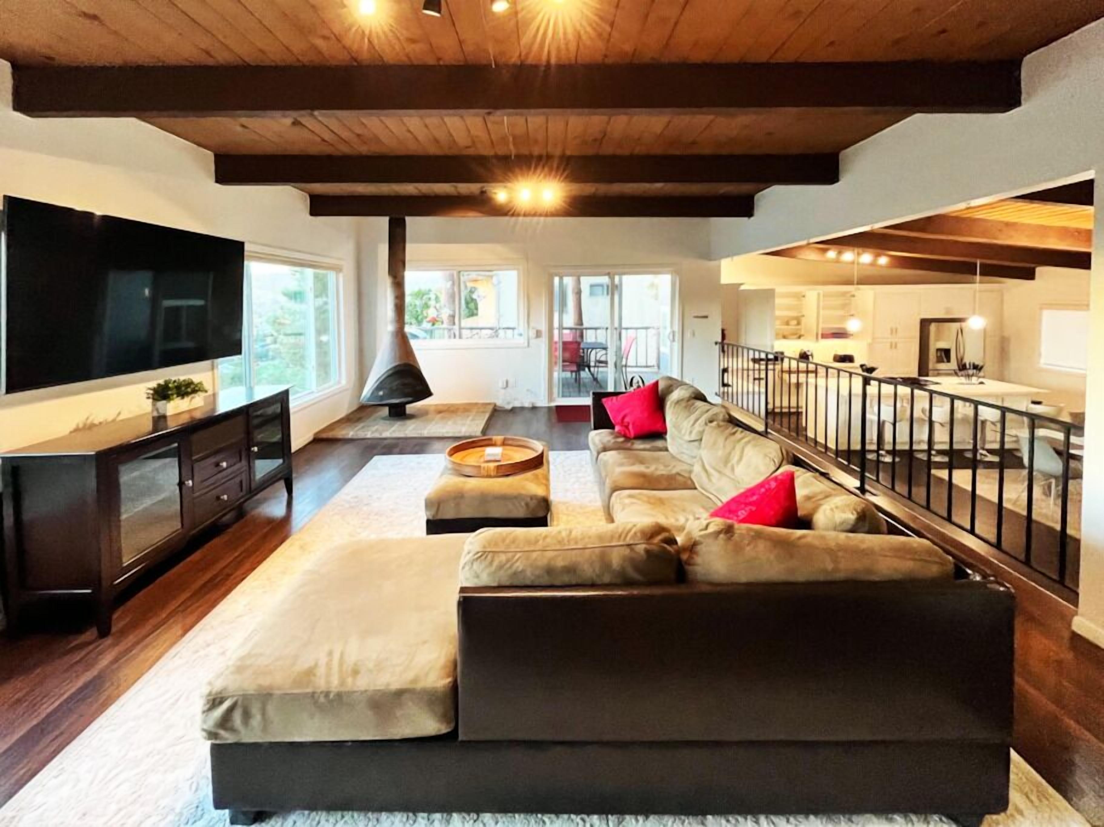 TV, fireplace, books