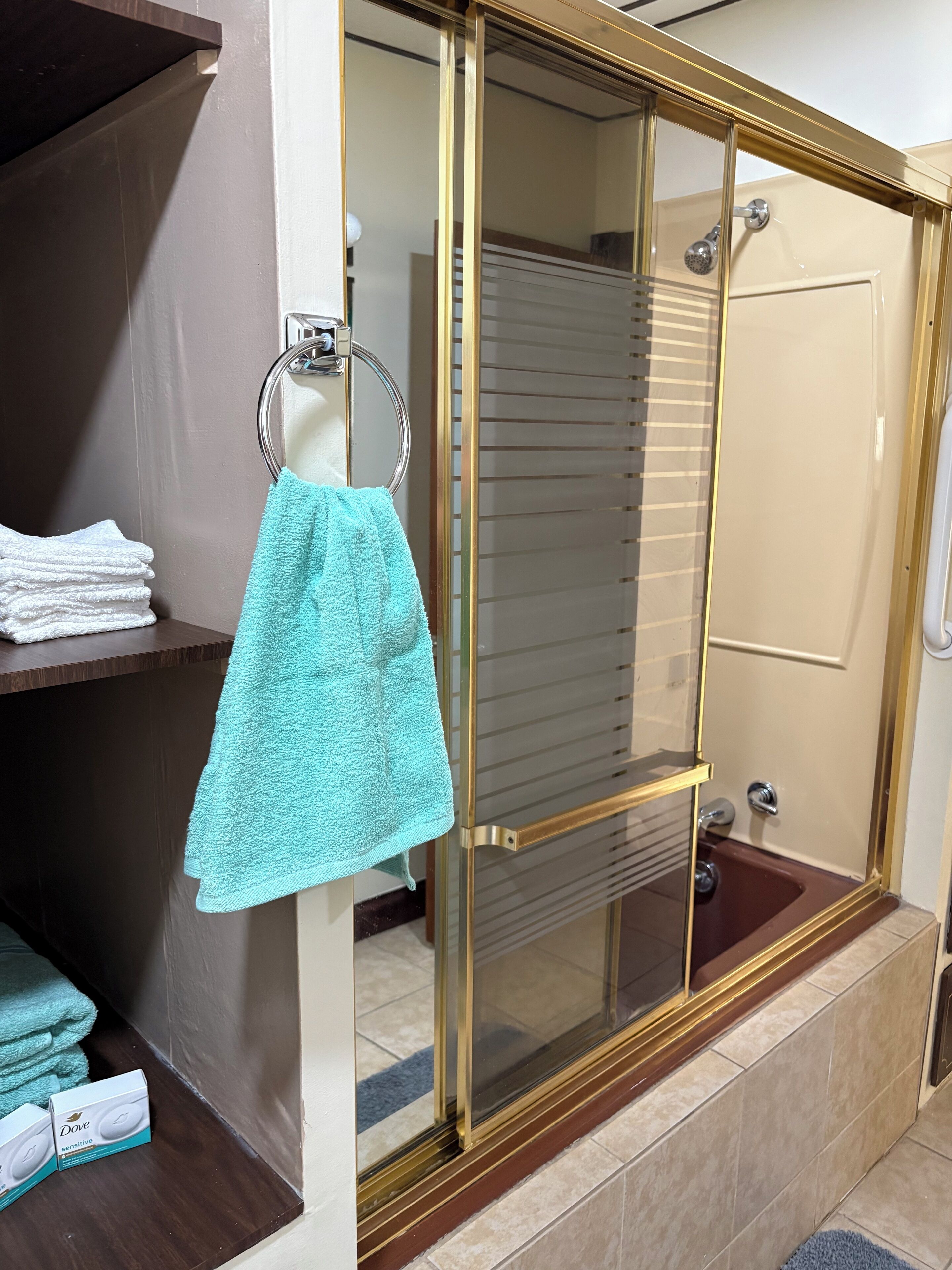 Serviettes fournies, savon, shampoing, papier toilette