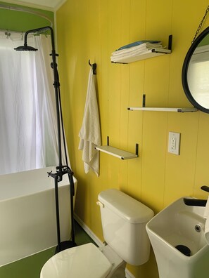 Hair dryer, towels, soap, shampoo