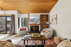 Smart TV, chimenea, libros y estéreo 