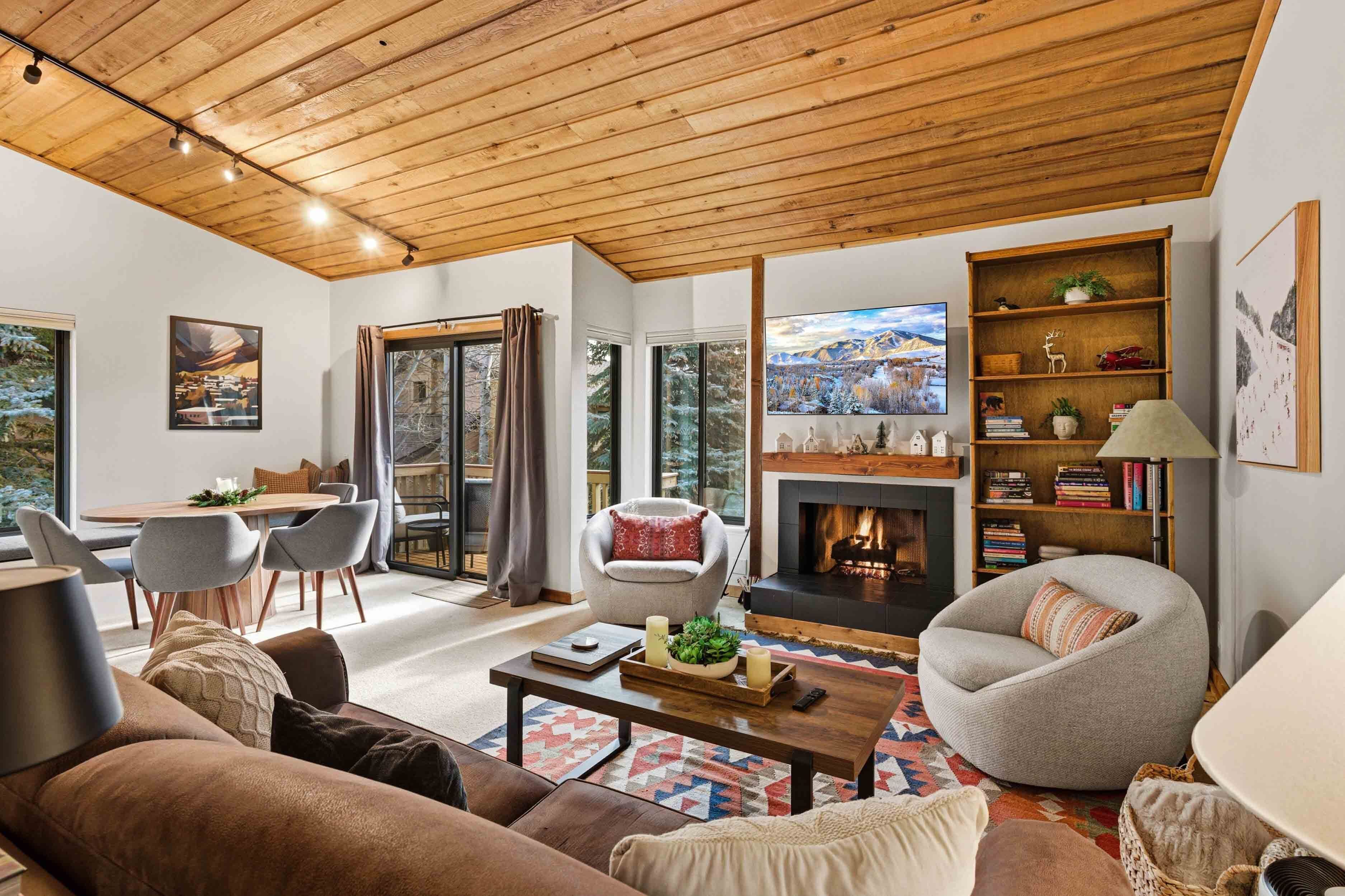 Smart TV, fireplace, books, stereo