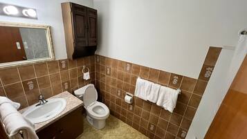 Hair dryer, towels, soap, toilet paper