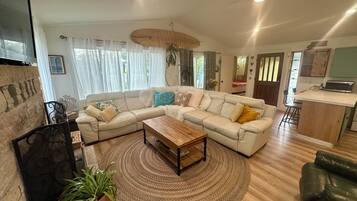 Älytelevisio, takka, DVD-soitin, kirjoja