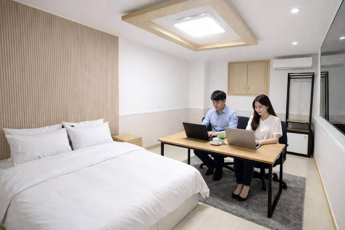 Ein modernes Hotelzimmer mit einem großen Bett, einem Schreibtisch mit zwei Laptops und einer kleinen Pflanze.