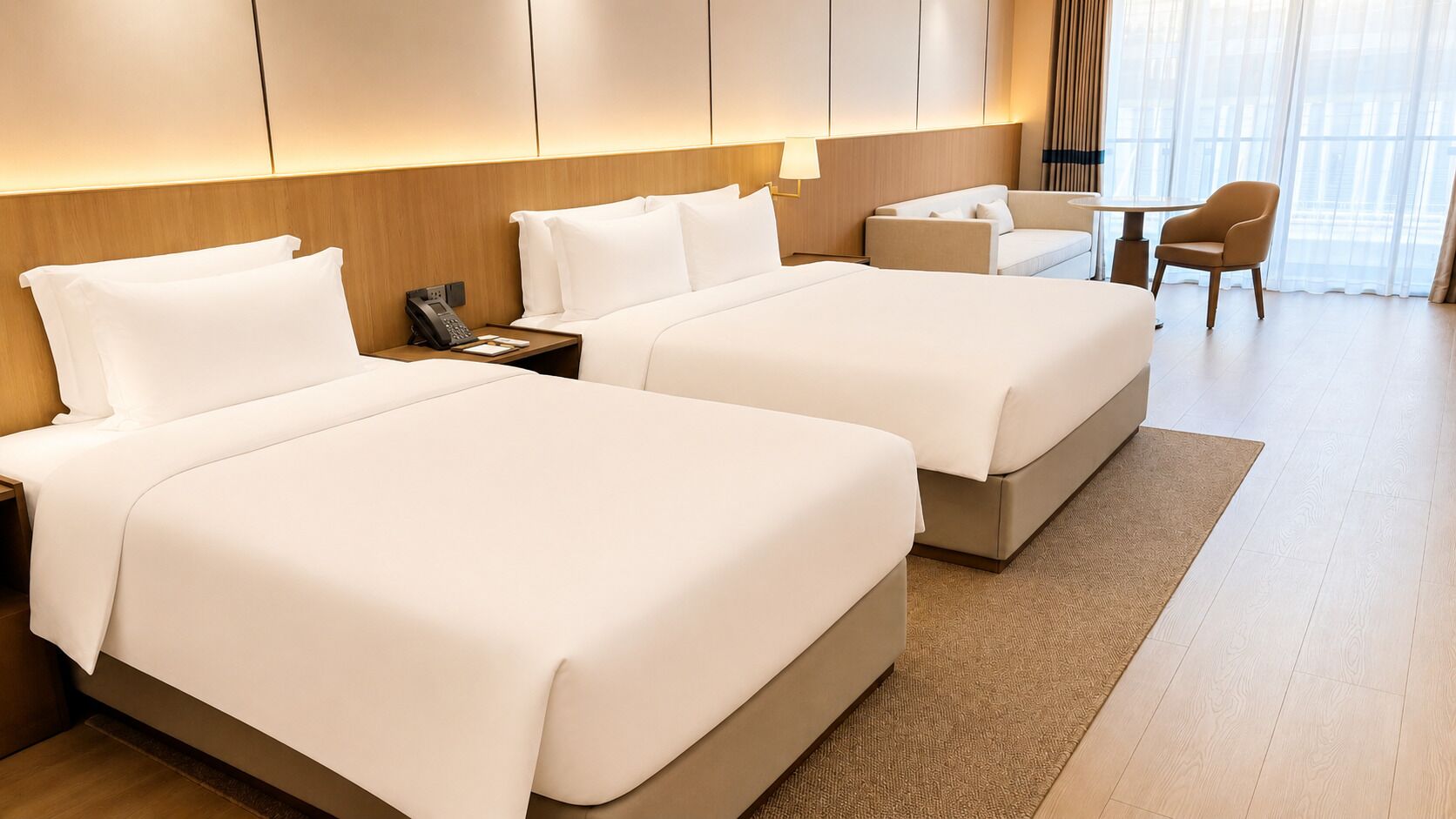 A hotel room with two beds, a desk, and a chair.