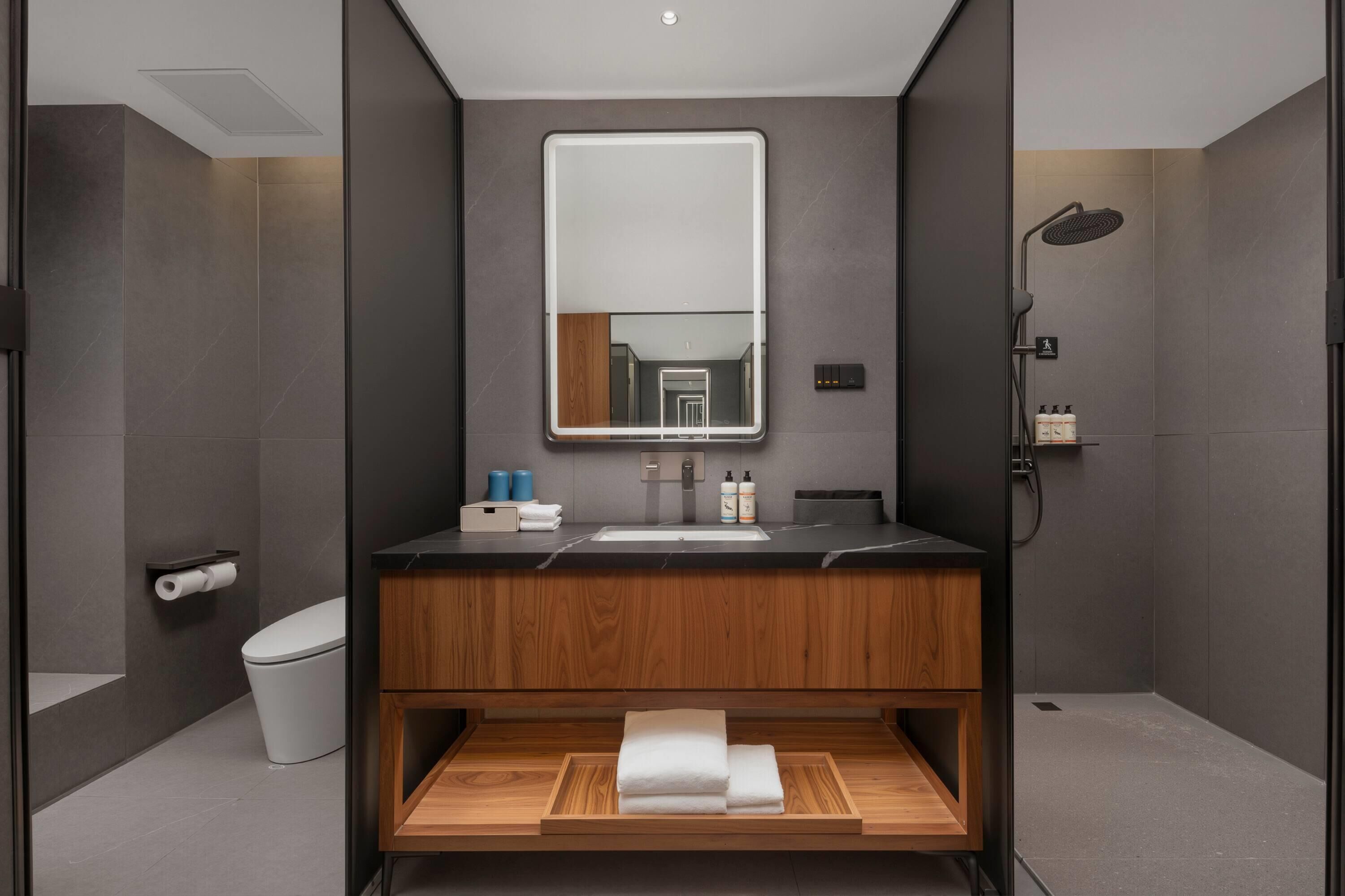 A modern bathroom with a wooden vanity, a large mirror, a shower, and a toilet.