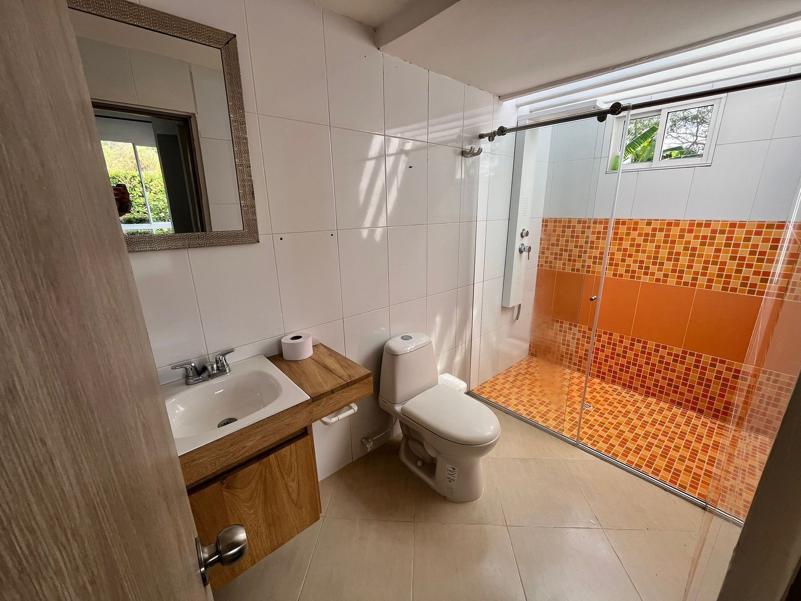Shower, towels, soap, toilet paper