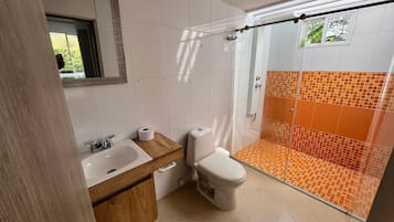 Shower, towels, soap, toilet paper