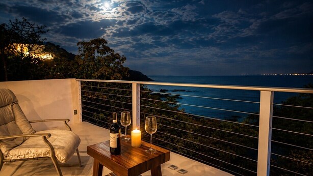 A balcony with a chair, a table with a bottle and glasses, and a candle. - Top Floor Suite +Pool +Private Path to Shore, A/C. Accessible step-less layout (San Pedro Pochutla)