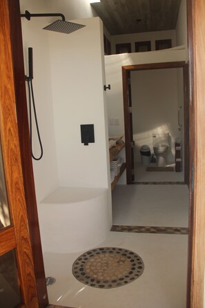 Regadera, secadora de cabello, toallas, jabón 