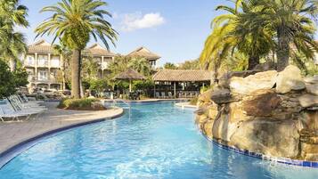 Outdoor pool, pool umbrellas, sun loungers