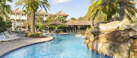 Outdoor pool, pool umbrellas, pool loungers