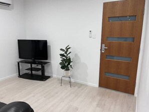 Habitación con televisión de pantalla plana sobre un soporte negro, una planta en maceta y una puerta de madera con paneles de vidrio.