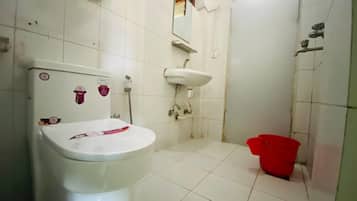 Shower, slippers, towels, soap