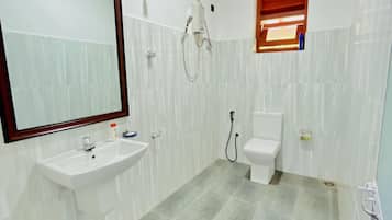 Shower, towels, soap, toilet paper