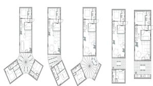 A series of floor plans for a hotel with multiple rooms, including bedrooms, bathrooms, and a dining area. - Palette Resort De-steppe Family Stay (Ulicoten)