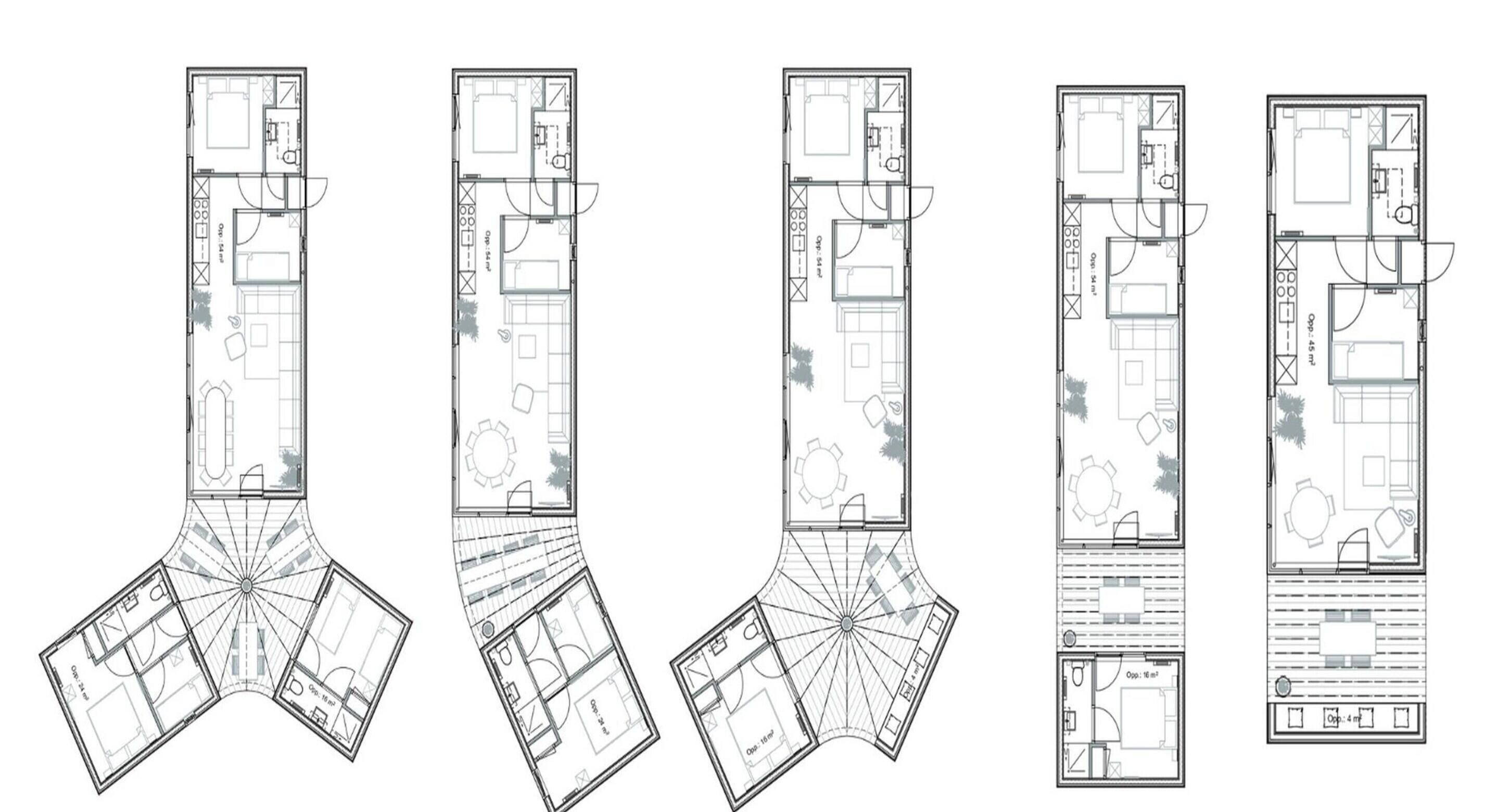 Une série de plans d’étage pour un hôtel comprenant de nombreuses chambres, notamment des chambres à coucher, des salles de bains et un espace repas.