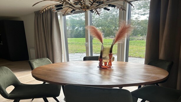 A dining area with a round wooden table, six chairs, a decorative vase with feathers, and a ceiling light fixture. - Eco Forest Home by Palette Resort De-steppe (Ulicoten)