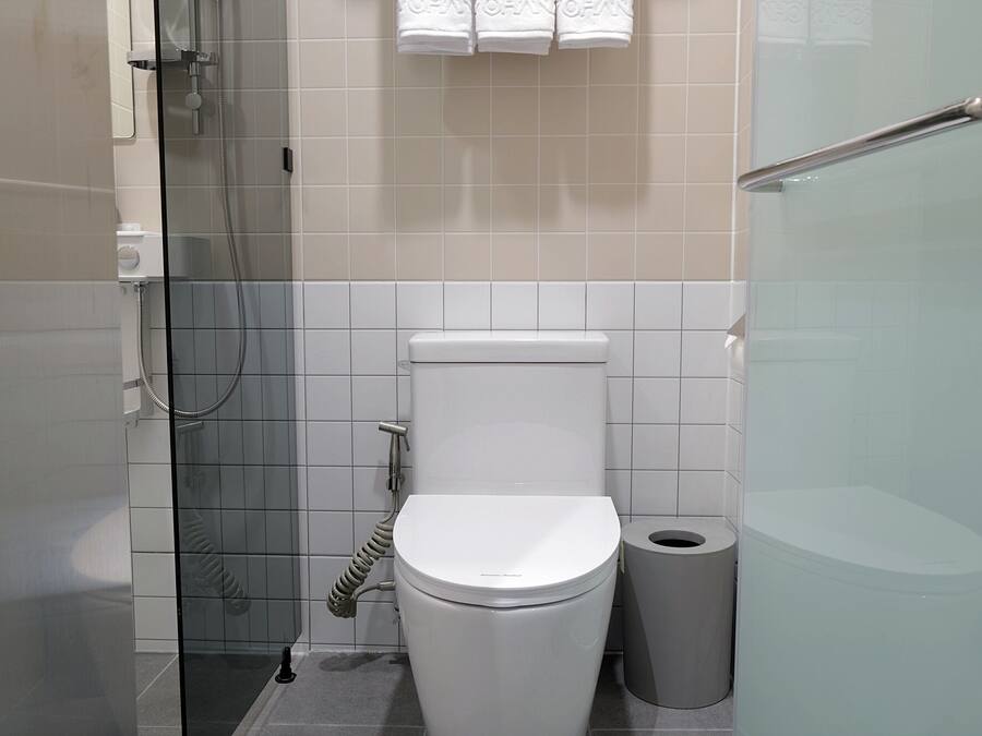 A modern bathroom with a toilet, a glass shower enclosure, and a trash bin.