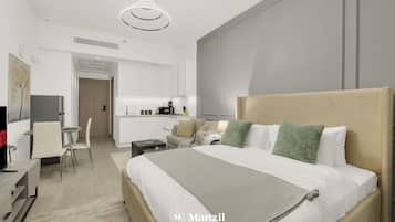 Luxe studio, uitzicht op de stad | Verduisterende gordijnen, een strijkplank/strijkijzer, gratis wifi