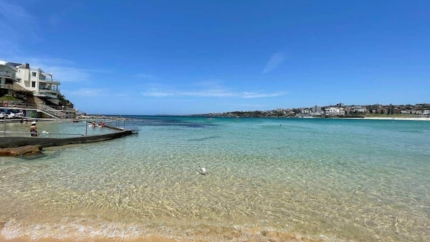 A beach with clear shallow waters, a pier, and buildings in the background. - Beachfront Bondi Studio with Aircon (North Bondi)
