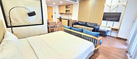 Premium bedding, desk, free WiFi, bed sheets