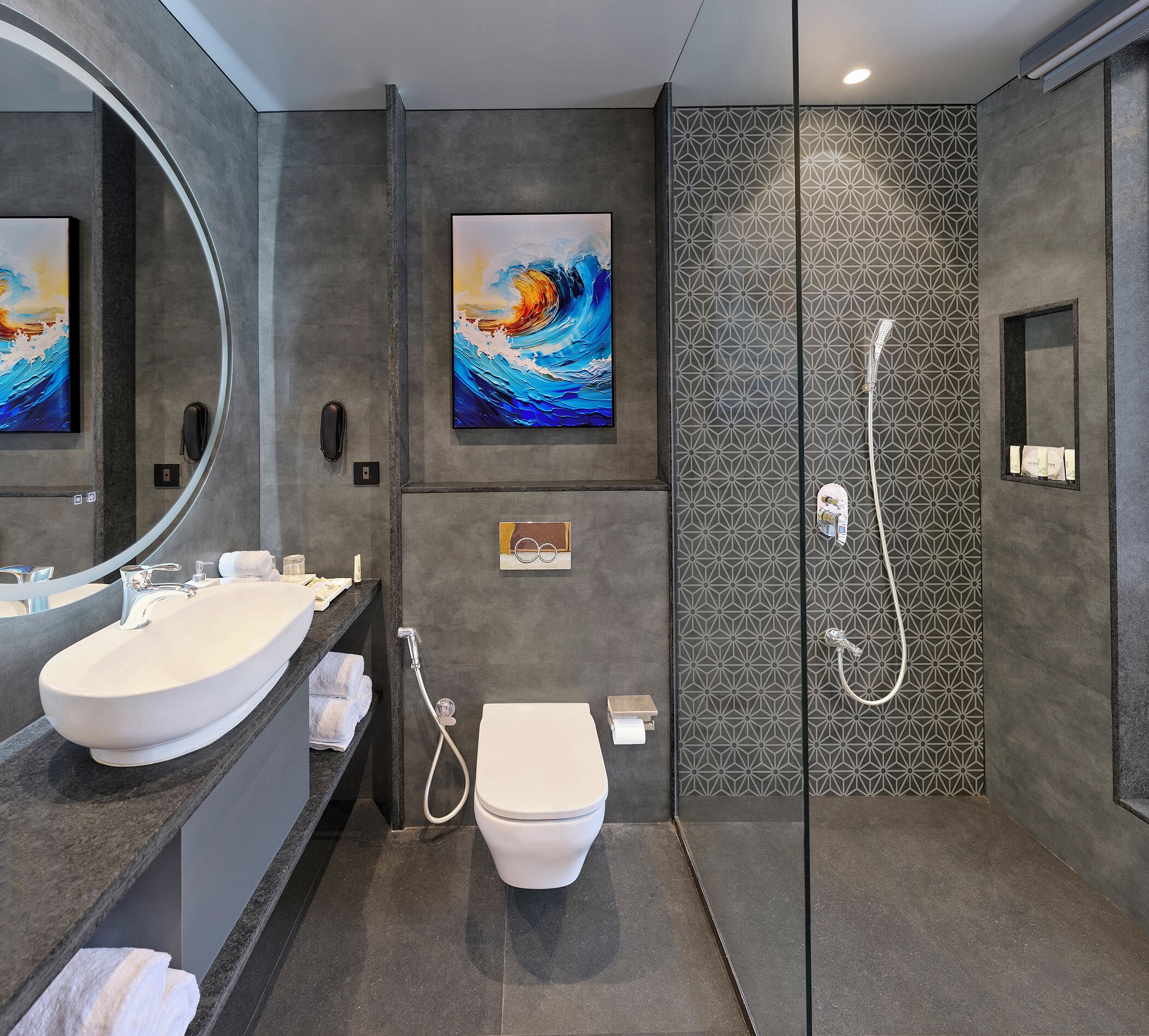 Shower, free toiletries, hair dryer, towels