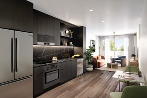Fridge, oven, stovetop, dishwasher - Private Balcony | Resort Pool, Terrace w/ Views, On-Site Dining | The Code (Austin)