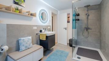 Shower, hair dryer, towels