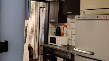 Kühlschrank, Mikrowelle, Herdplatte, Kochgeschirr/Geschirr/Besteck