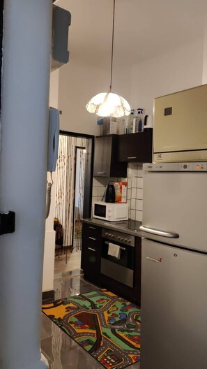 Kühlschrank, Mikrowelle, Herdplatte, Kochgeschirr/Geschirr/Besteck